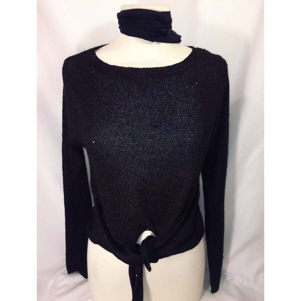 Zara KNIT Black Long Sleeve W Sequins And knot tie